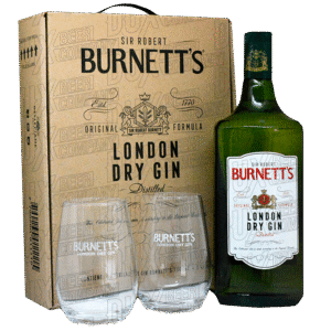 gin burnetts estuche + 2 vasos x1000cc.