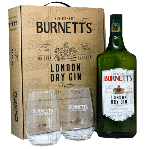 gin burnetts estuche + 2 vasos x1000cc.